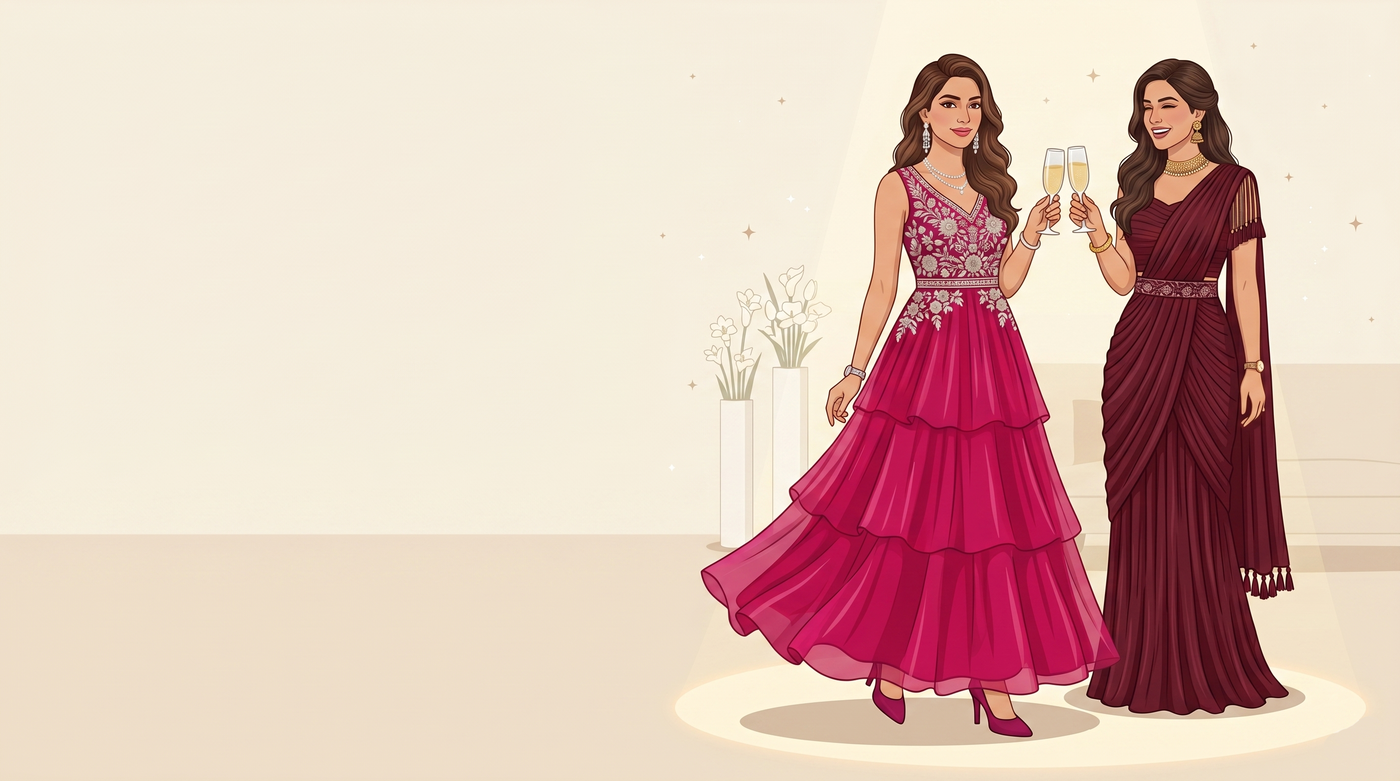 Party wear dresses for women and elegant saree styles for festive occasions and wedding celebrations