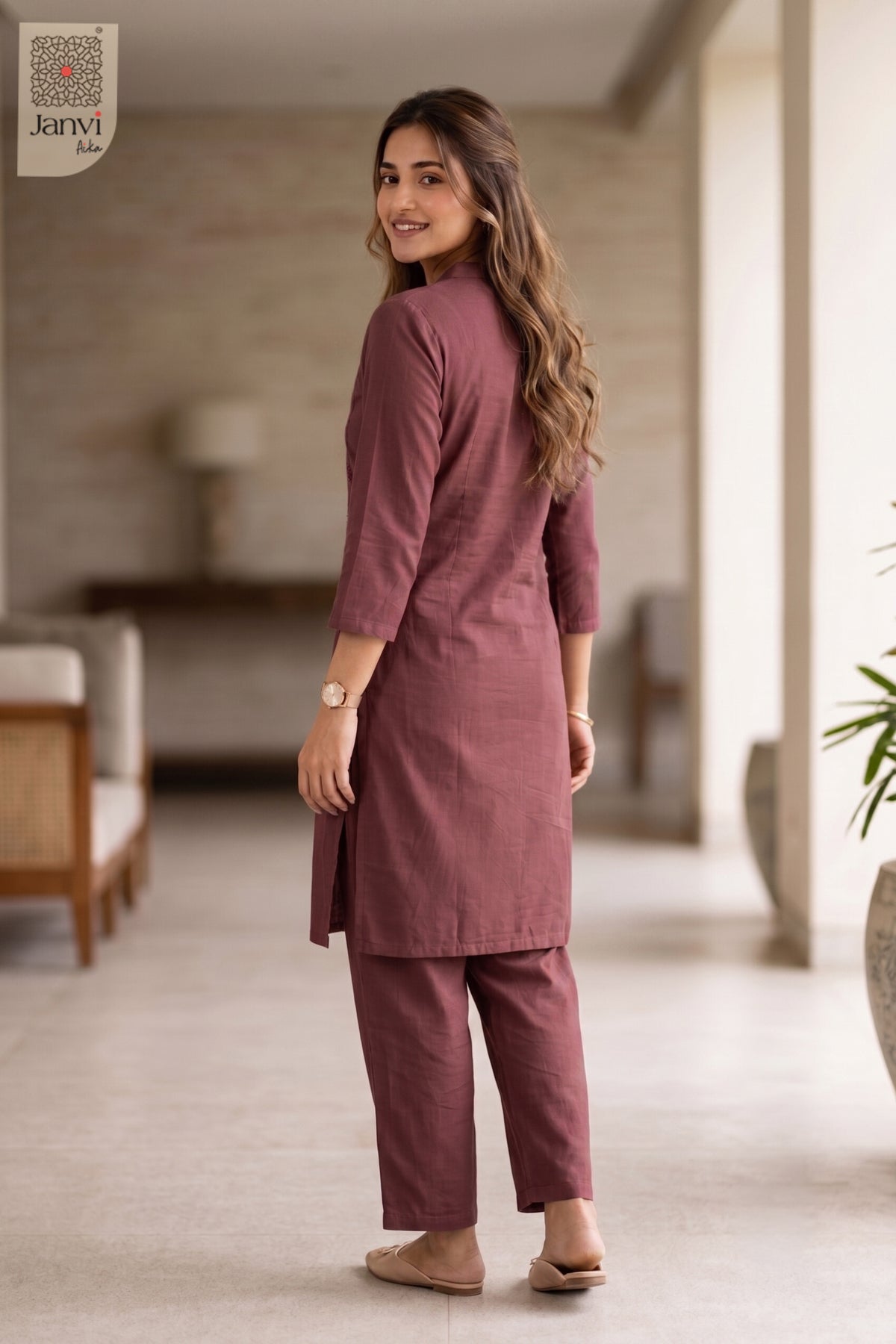 Rear view of Charvi Rosewood in light maroon cotton from the 2 piece outfits for ladies collection.