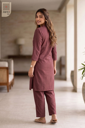 Rear view of Charvi Rosewood in light maroon cotton from the 2 piece outfits for ladies collection.