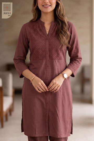 Close-up of Charvi Rosewood in the 2 piece outfits for ladies range with tonal embroidery.
