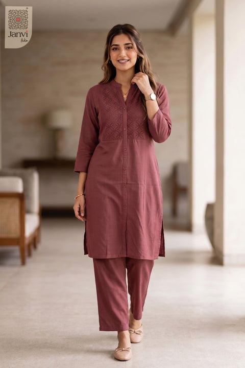 Full view of Charvi Rosewood from the 2 piece outfits for ladies range with matching straight pants.
