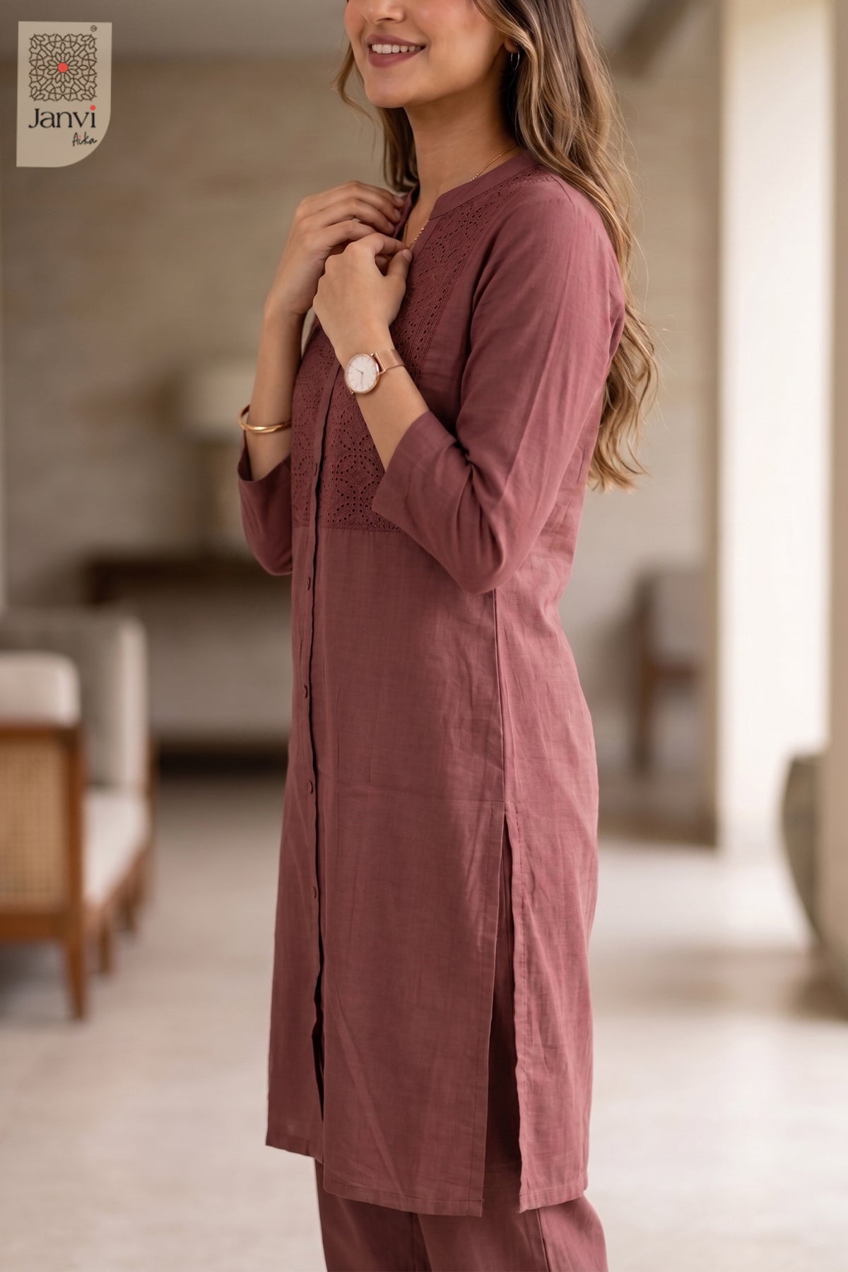 Three-quarter view of Charvi Rosewood from the 2 piece outfits for ladies range with elbow sleeves.