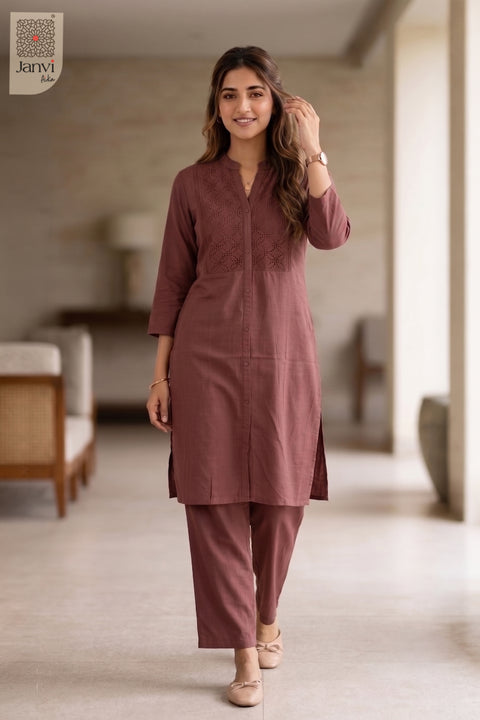 Walking pose of Charvi Rosewood in light maroon from the 2 piece outfits for ladies collection.