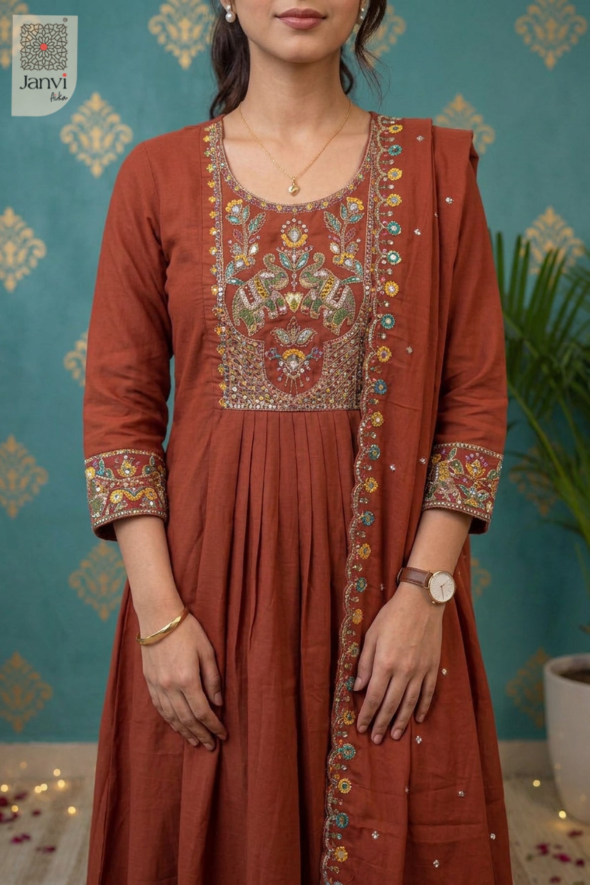 Cinnamon Carousel Elephant Embroidered Round Neck Pleated Kurti