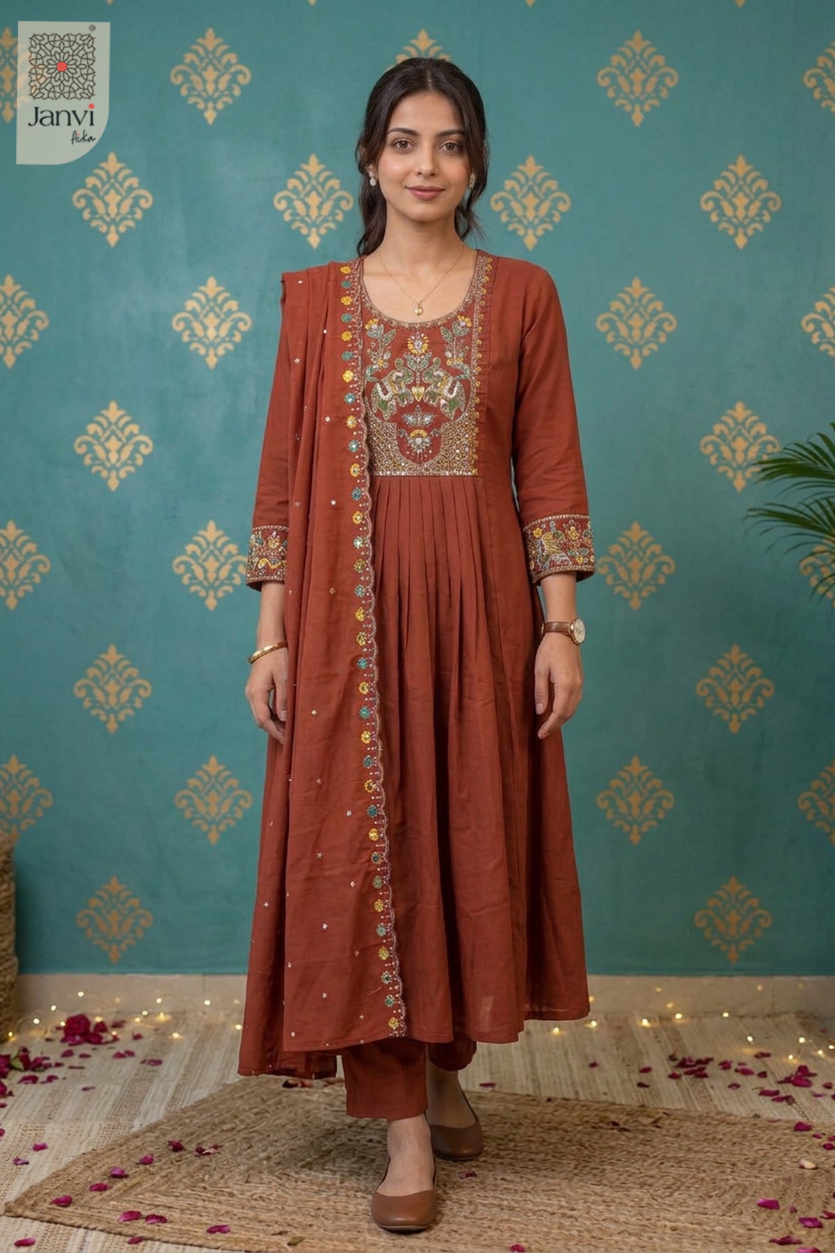 Cinnamon Carousel Elephant Embroidered Round Neck Pleated Kurti