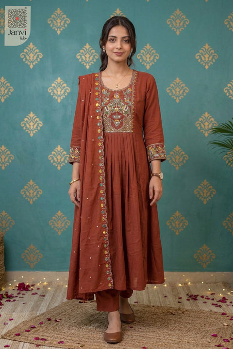 Cinnamon Carousel Elephant Embroidered Round Neck Pleated Kurti