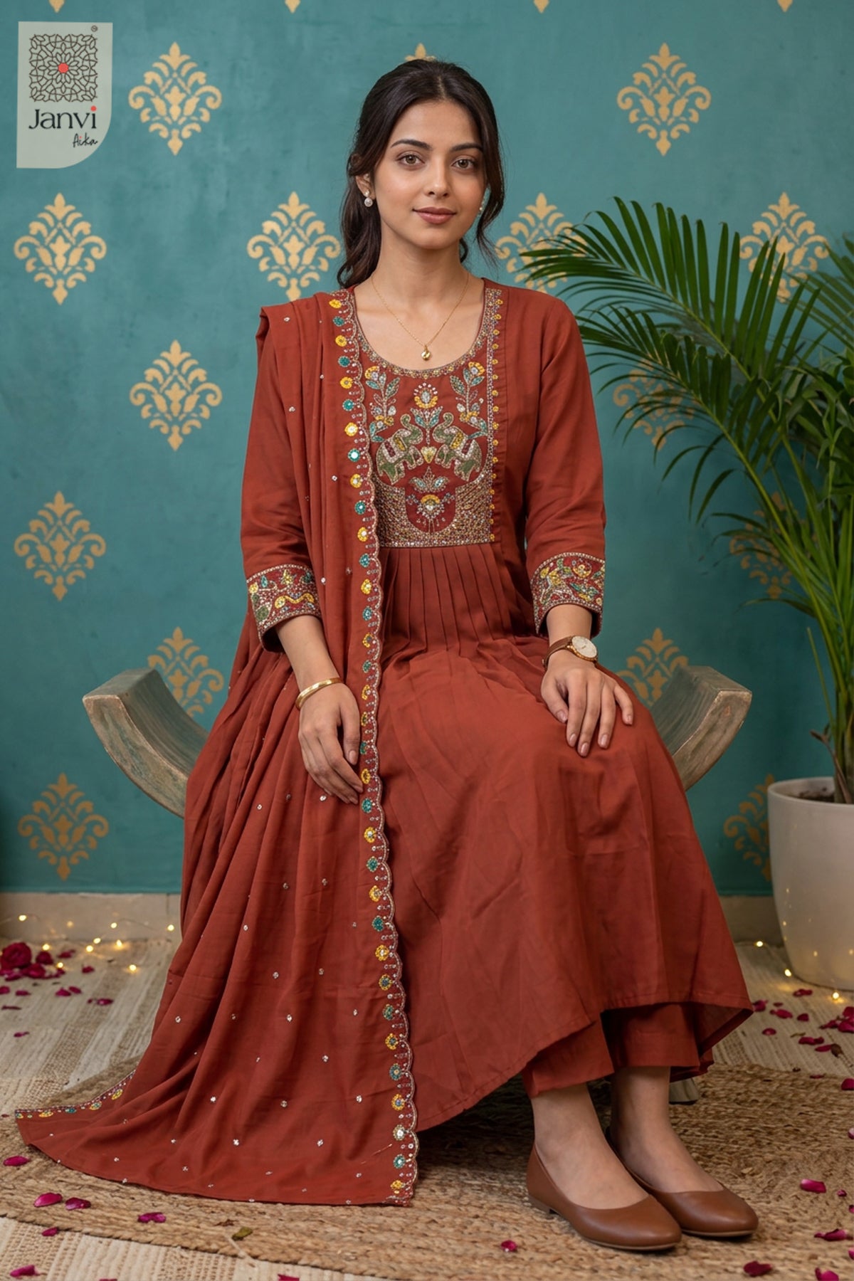 Cinnamon Carousel Elephant Embroidered Round Neck Pleated Kurti