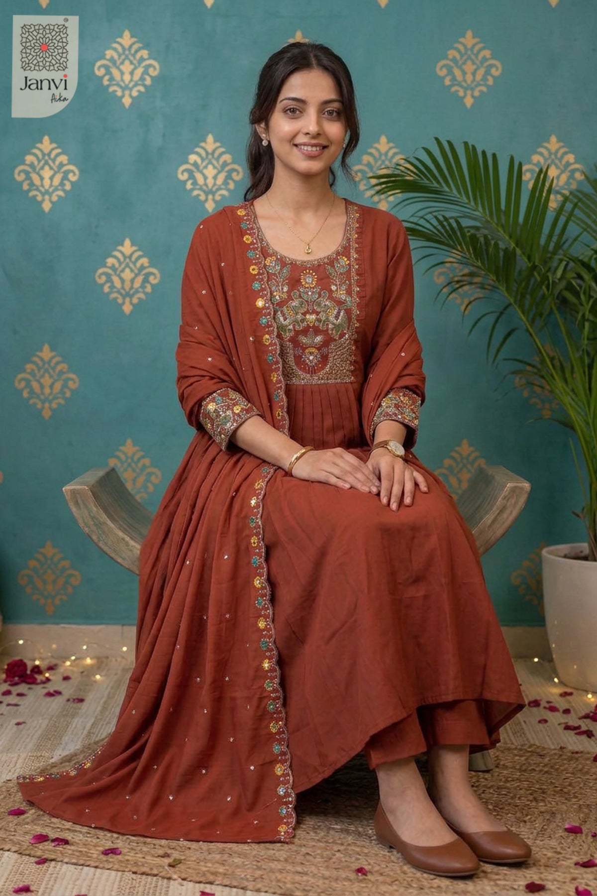 Cinnamon Carousel Elephant Embroidered Round Neck Pleated Kurti