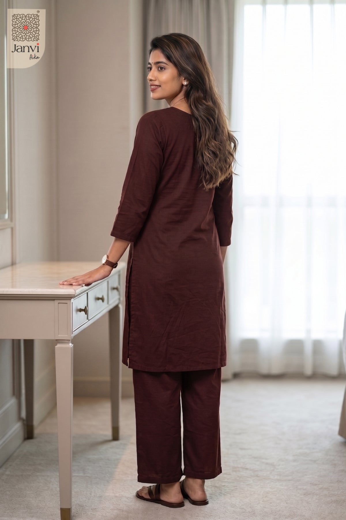 Back view of Garnet Grace in dark maroon mulmul cotton from the 2 piece outfits for ladies range.