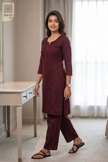 Walking pose of Garnet Grace in dark maroon from the 2 piece outfits for ladies collection.