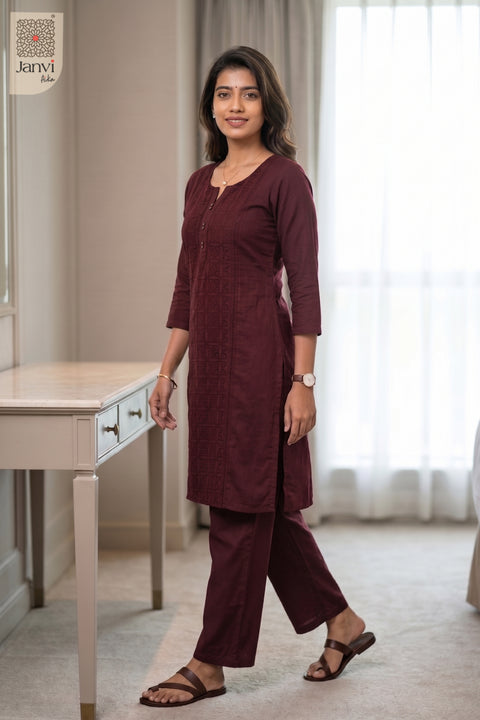 Walking pose of Garnet Grace in dark maroon from the 2 piece outfits for ladies collection.