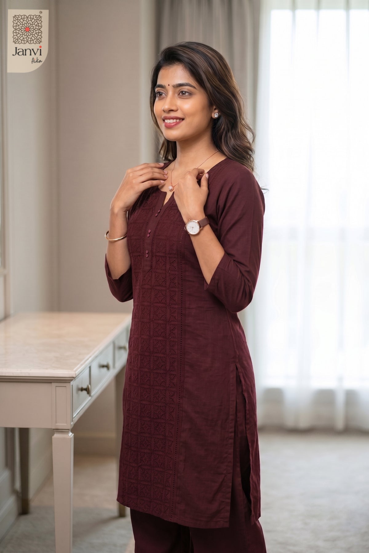 Three-quarter view of Garnet Grace from the 2 piece outfits for ladies range with elbow sleeves.