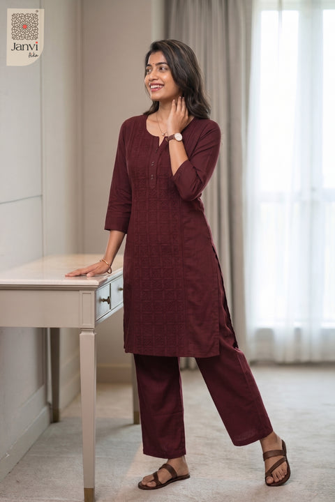 Standing front view of Garnet Grace in dark maroon from the 2 piece outfits for ladies collection.