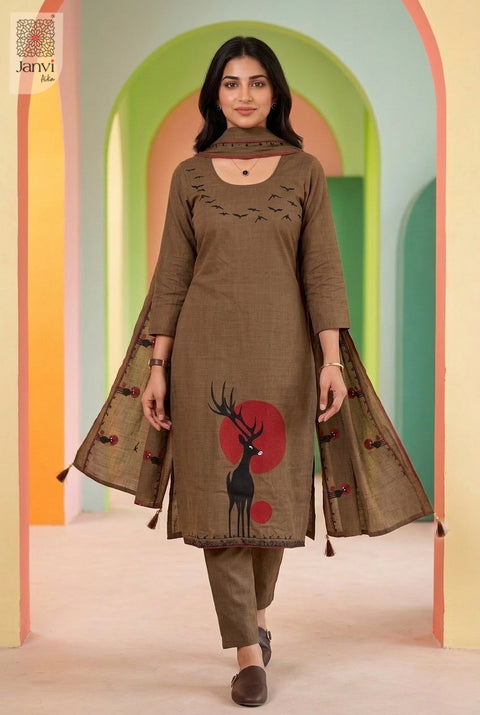 Olive Skies Round Neck Bird Embroidered Kurta