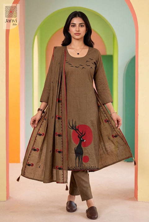 Olive Skies Round Neck Bird Embroidered Kurta