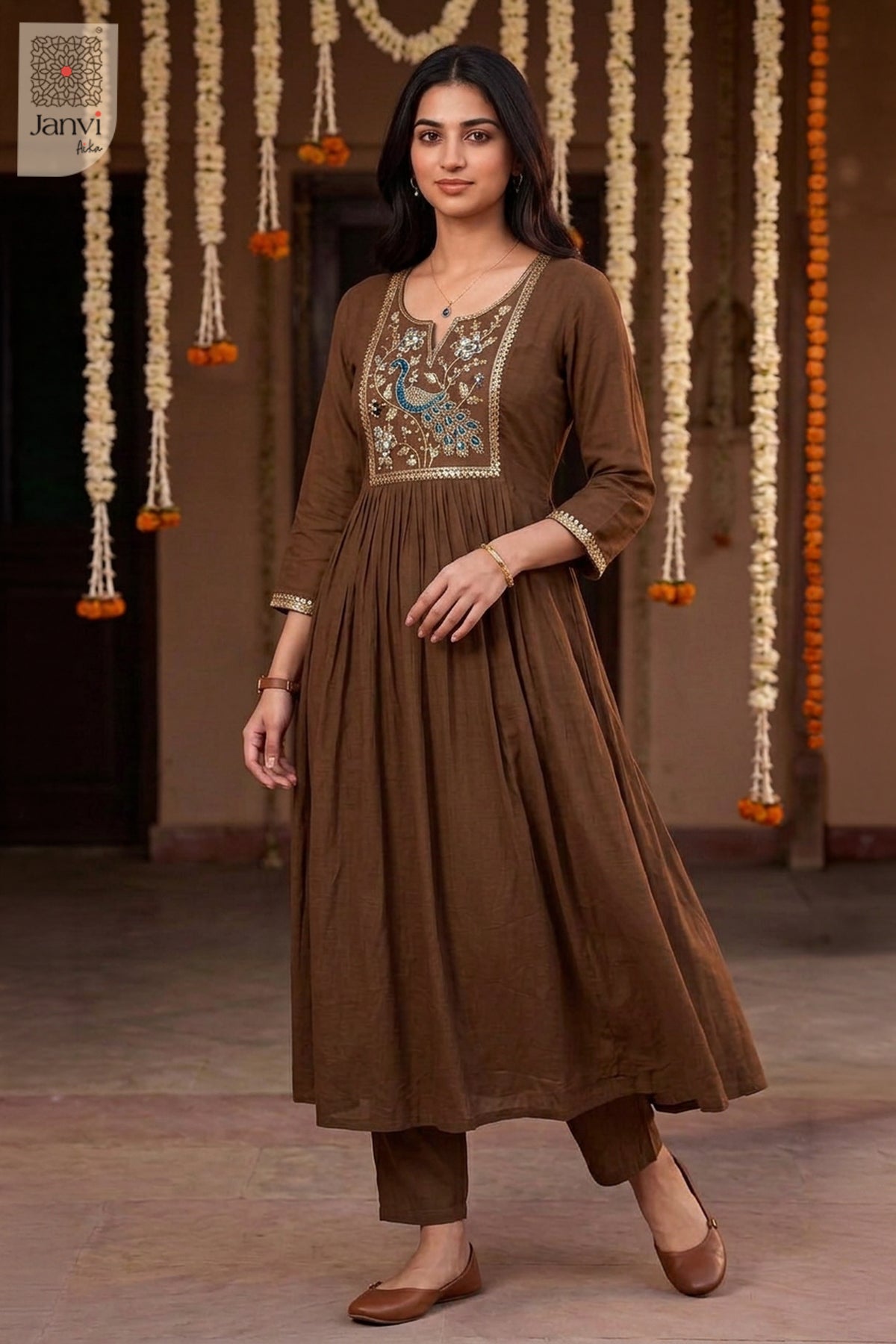 Bronze Peacock Cutdana Notch Neck Anarkali