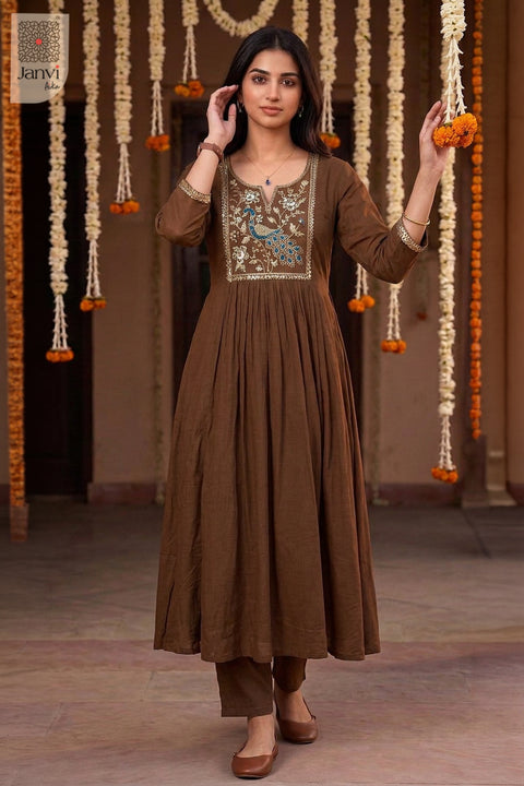 Bronze Peacock Cutdana Notch Neck Anarkali