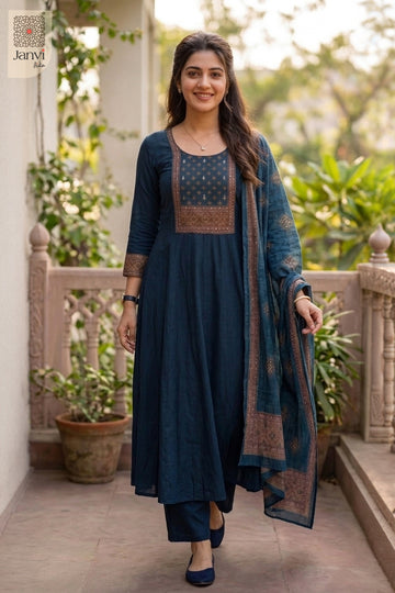 Full front length view of a navy blue printed festive anarkali kurta with pants.