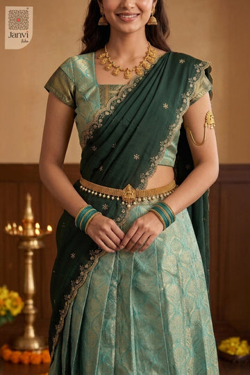 Torso close up highlighting traditional jewelry and ornate saree lehenga designs.