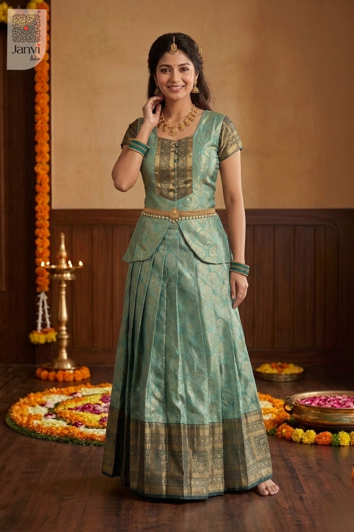 Full length jade green party wear lehenga saree with traditional gold waist belt.