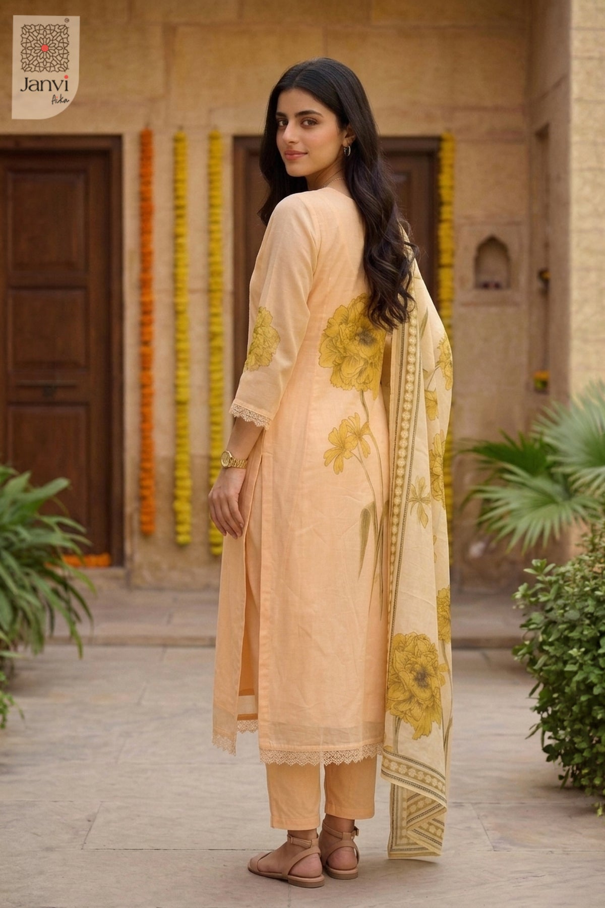 Rear back view of a sandal floral printed anarkali kurta with silk drape dupatta.