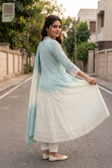 Rear back view of an ice blue dip dye flared anarkali kurta with tassel dupatta.