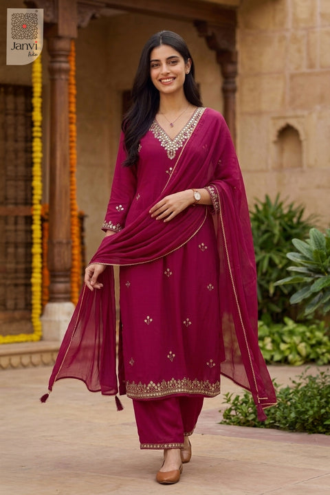 Rani pink silk long anarkali dress with dupatta embellished with golden borders.