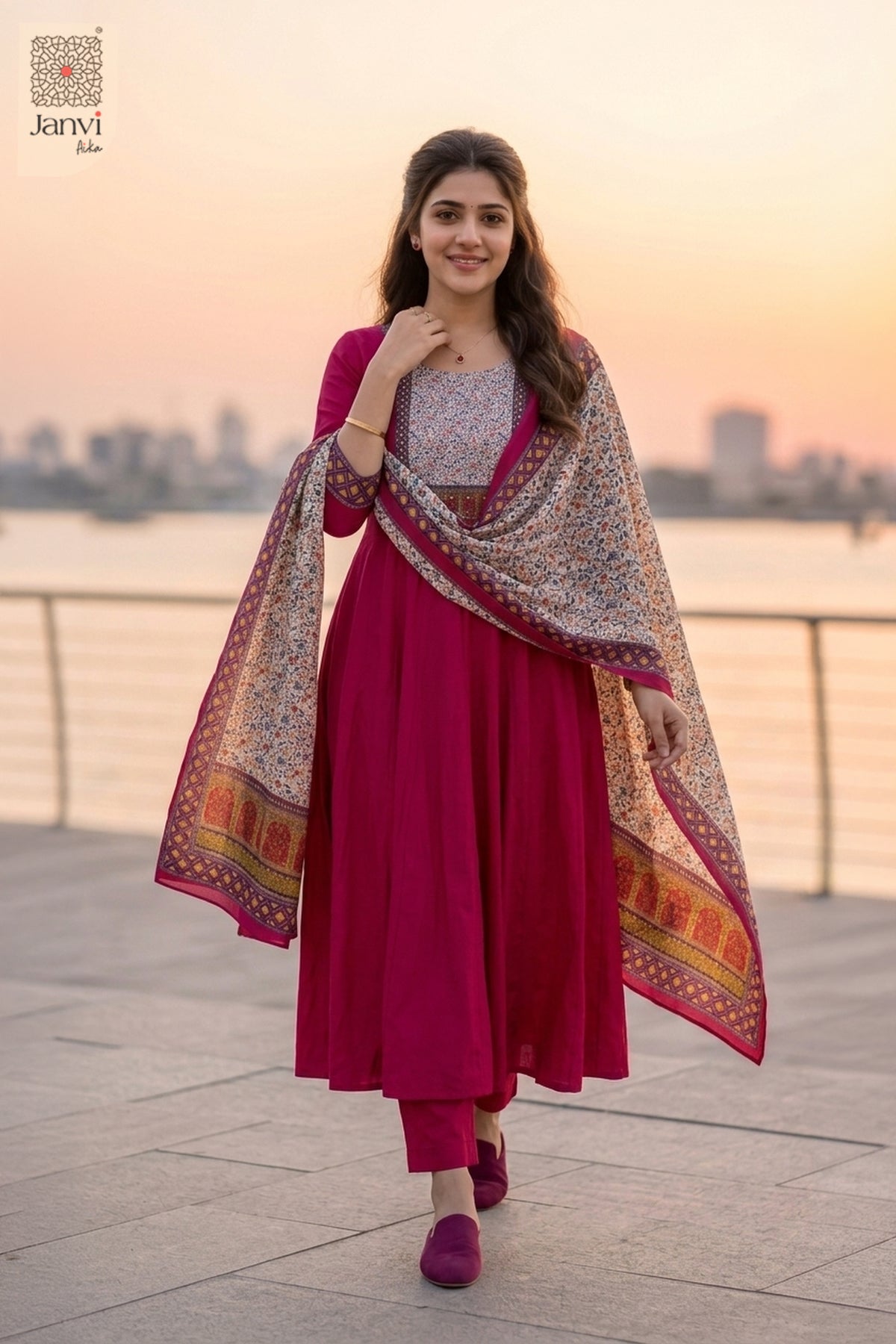 Full front studio view of a pink printed yoke georgette anarkali kurti ensemble.