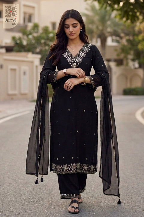 Full length front view of a black festive embroidered anarkali kurta and trousers.