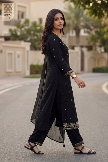 Regenerated sequence shot of a black long anarkali dress with dupatta and borders.
