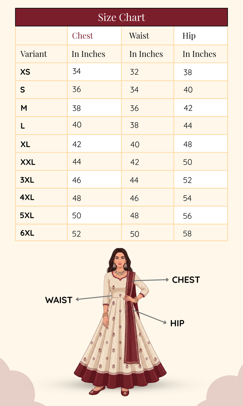 Size chart showing measurements from XS to 6XL for readymade dress online shopping.