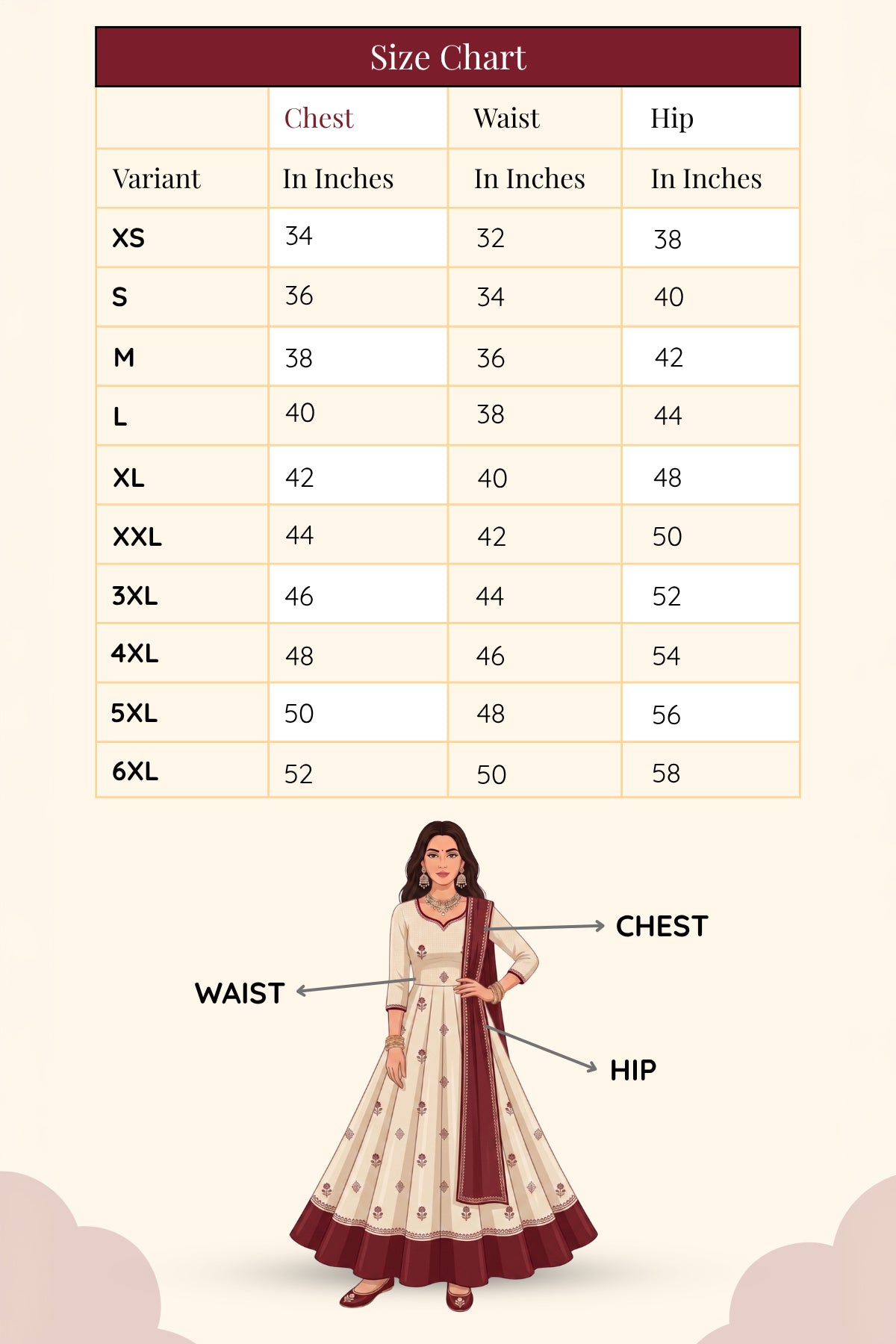 Size chart showing measurements from XS to 6XL for black traditional dress for women.
