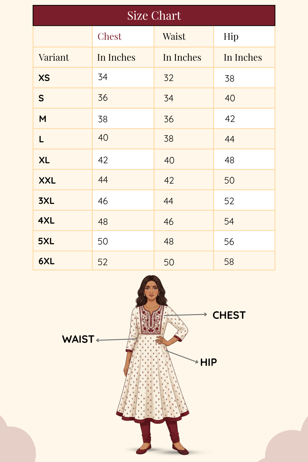 Size chart showing measurements from XS to 6XL for women's party dresses online shopping.