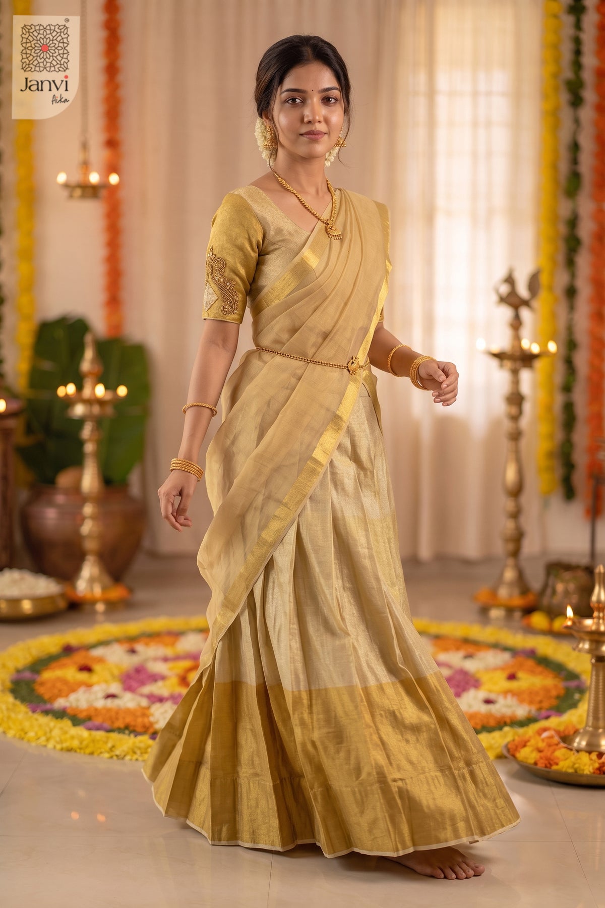 Walking motion shot of a monochrome golden lehenga saree with broad woven hemline.