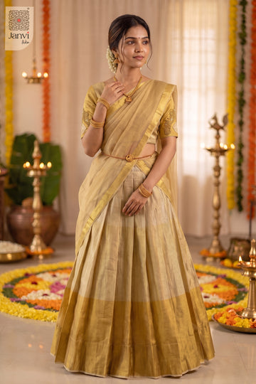 Standing pose with hand on necklace showcasing stylish half saree blouse styles.